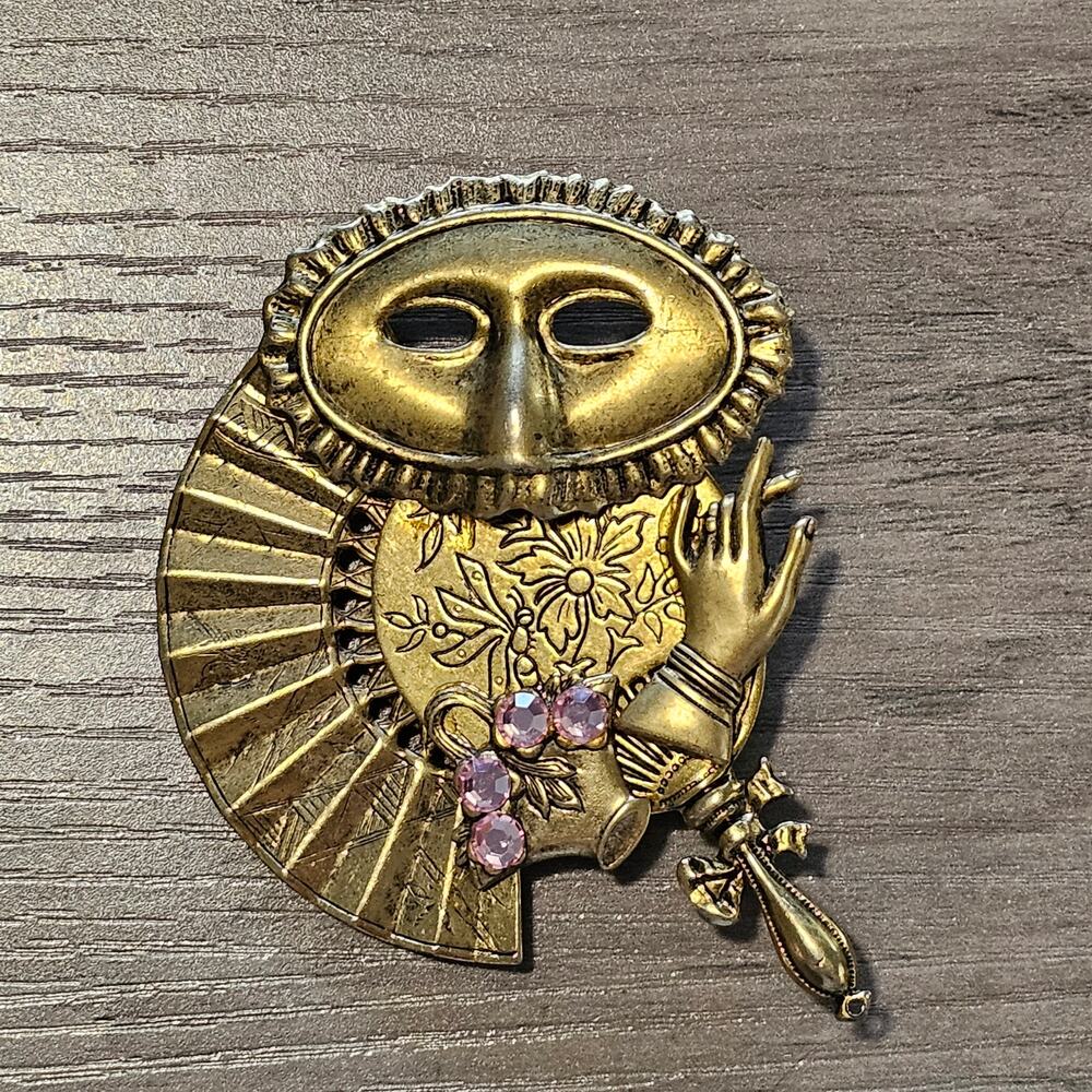 Vintage Gold Masquerade Mask Brooch with Fan Unique Handmade